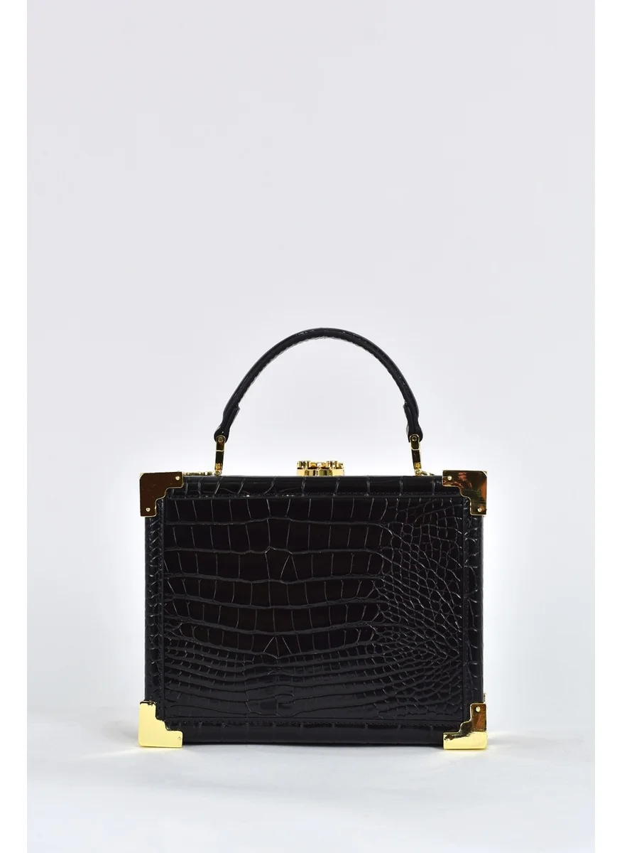 Elatae Women's Crocodile Pattern Evening Dress Daily Handbag with Shoulder Strap Black 17439