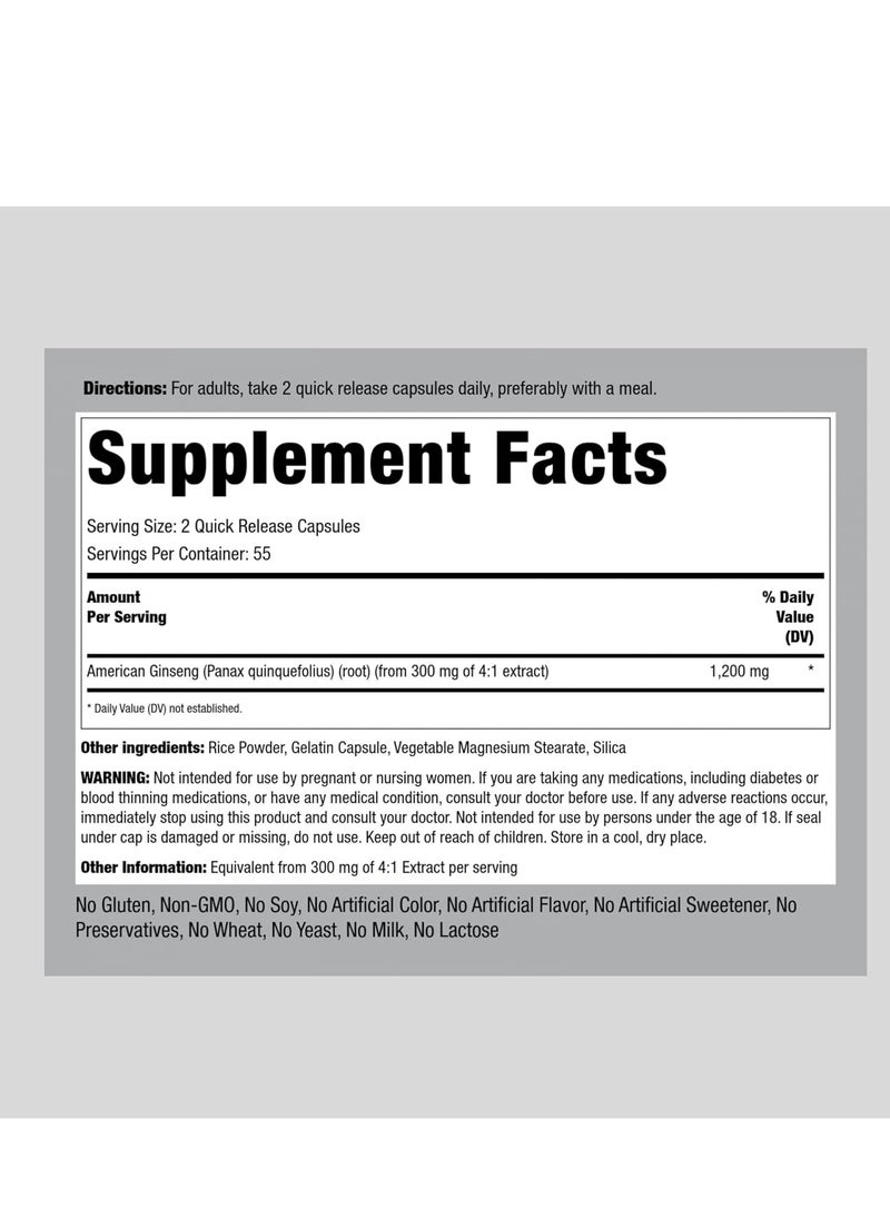 Piping Rock - American Ginseng 1200 mg 110 Capsules 55 Days supply - Image 1