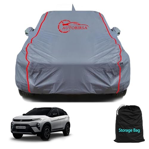 AUTOBIRSA Waterproof Car Body Cover Compatible with Tata Nexon New with Mirror and Antenna Pocket, Triple Stitched (Heat Resistant US Grey with Red Piping) - Image 1