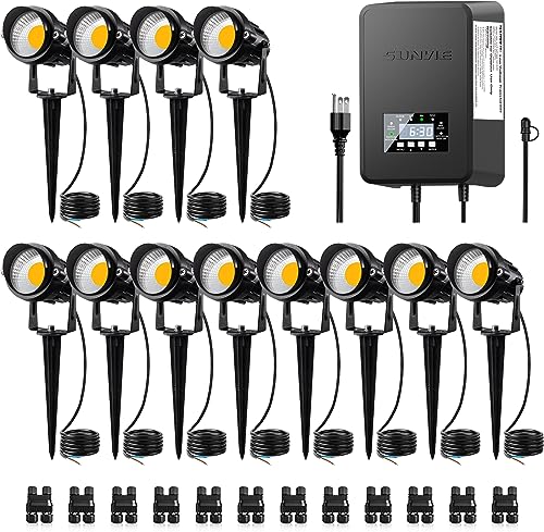 SUNVIE 12 Pack Low Voltage Landscape Lights with 300W Transformer 12-24V LED Landscape Lighting Kit 3000K Waterproof Aluminum Landscape Spotlights with Wire Connectors for House Yard Tree Garden - Image 1