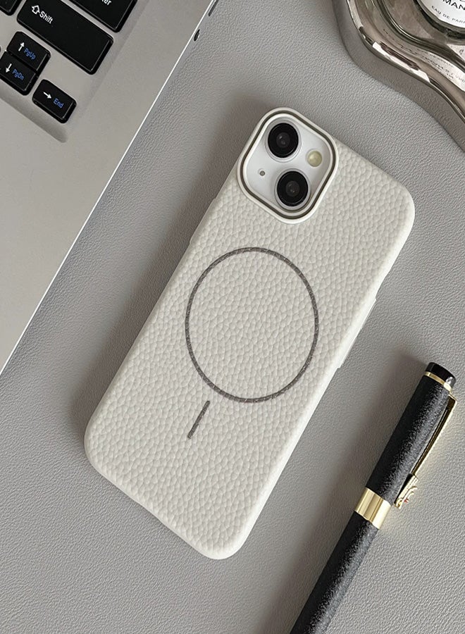 Magsafe Phone Case For iPhone 13 With High Quality Rubber Frame And Slim Lychee Pattern Leather Case with Camera Lens Protection Shockproof Cover And support wireless Charging Leather Cover for iPhone 13 - Beige - Image 4