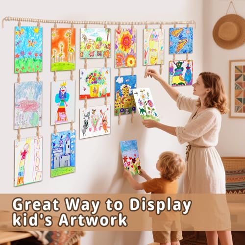 CollectHall Art Display for Kids Artwork, 65" L Wooden Beads Garland Holder with 36 Clips for Kids Artwork Display, Photo, Boho Wall Art, Kids Room Decor - Image 3