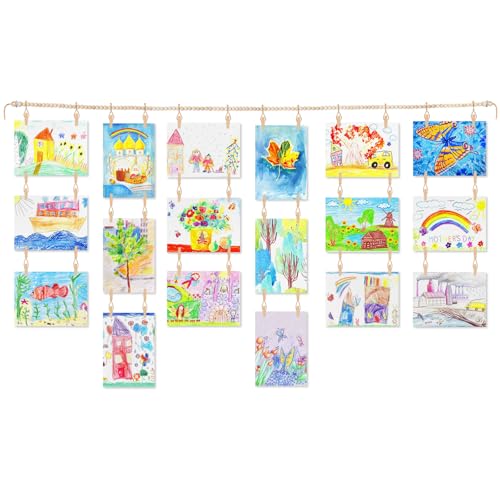 CollectHall Art Display for Kids Artwork, 65" L Wooden Beads Garland Holder with 36 Clips for Kids Artwork Display, Photo, Boho Wall Art, Kids Room Decor - Image 1