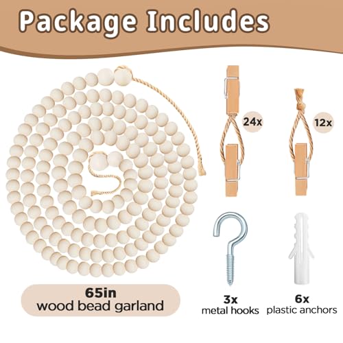 CollectHall Art Display for Kids Artwork, 65" L Wooden Beads Garland Holder with 36 Clips for Kids Artwork Display, Photo, Boho Wall Art, Kids Room Decor - Image 4