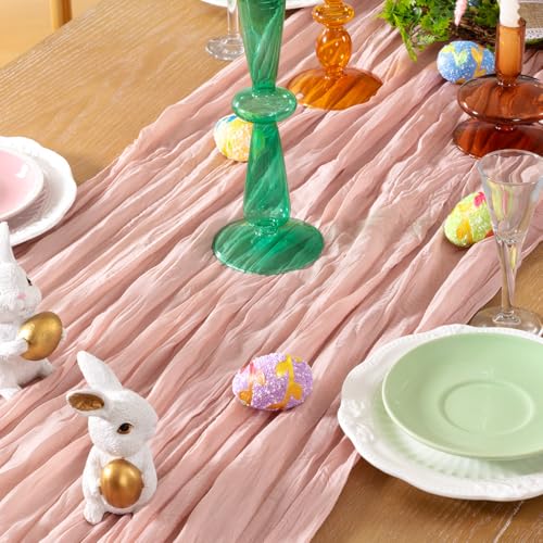 DeZerlor Pink Cheesecloth Table Runner Fall Table Runner Boho Gauze 120 Inches Light Pink Cheese Cloth Fall Table Decorations for Thanksgiving Wedding Bridal Girl Baby Shower Sweet 16 Party Decor - Image 2
