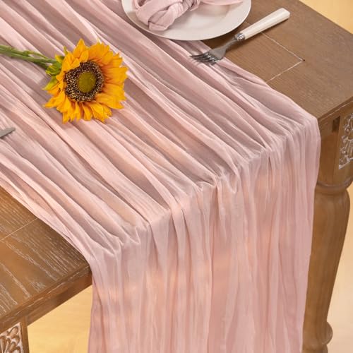 DeZerlor Pink Cheesecloth Table Runner Fall Table Runner Boho Gauze 120 Inches Light Pink Cheese Cloth Fall Table Decorations for Thanksgiving Wedding Bridal Girl Baby Shower Sweet 16 Party Decor - Image 1