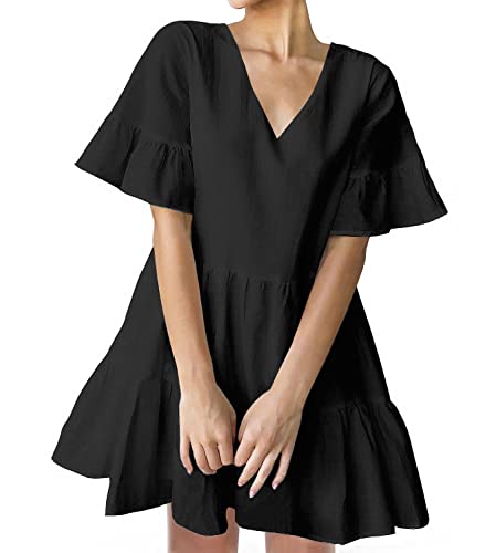 FANCYINN Womens Black Shift Dress with Pockets Bell Sleeve Ruffle Hem V Neck Spring Swing Tunic Mini Dress S - Image 1