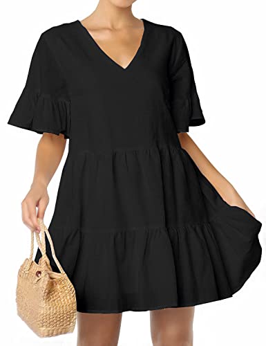 FANCYINN Womens Black Shift Dress with Pockets Bell Sleeve Ruffle Hem V Neck Spring Swing Tunic Mini Dress S - Image 2