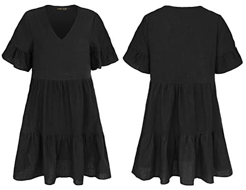 FANCYINN Womens Black Shift Dress with Pockets Bell Sleeve Ruffle Hem V Neck Spring Swing Tunic Mini Dress S - Image 5