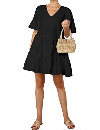 FANCYINN Womens Black Shift Dress with Pockets Bell Sleeve Ruffle Hem V Neck Spring Swing Tunic Mini Dress S - Image 4