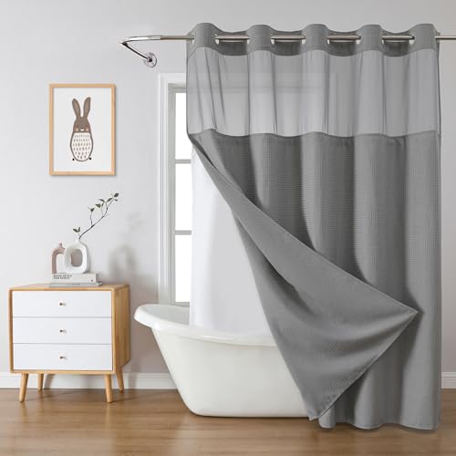 eachope Grey No Hook Waffle Weave Shower Curtain with snap-in Liner Replacement, 230GSM Waterproof Fabric Hotel Shower Curtain Set for Bathroom, Through Mesh Top Window,71Wx74H - Image 1