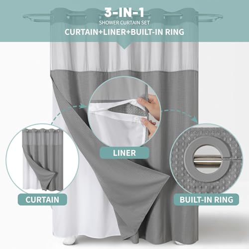 eachope Grey No Hook Waffle Weave Shower Curtain with snap-in Liner Replacement, 230GSM Waterproof Fabric Hotel Shower Curtain Set for Bathroom, Through Mesh Top Window,71Wx74H - Image 2