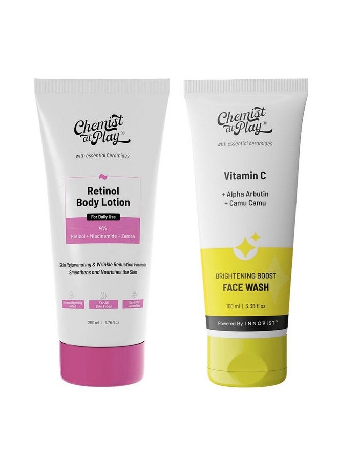 كيميست_أت_بلاي لوشن الجسم المضاد للشيخوخة مع 4% ريتينول ونياسيناميد وزيميا 200 مل + غسول الوجه المعزز للإشراق | يضيء البشرة ويمنحها إشراقة | ينظف الزيوت والأوساخ 100 مل - Image 1