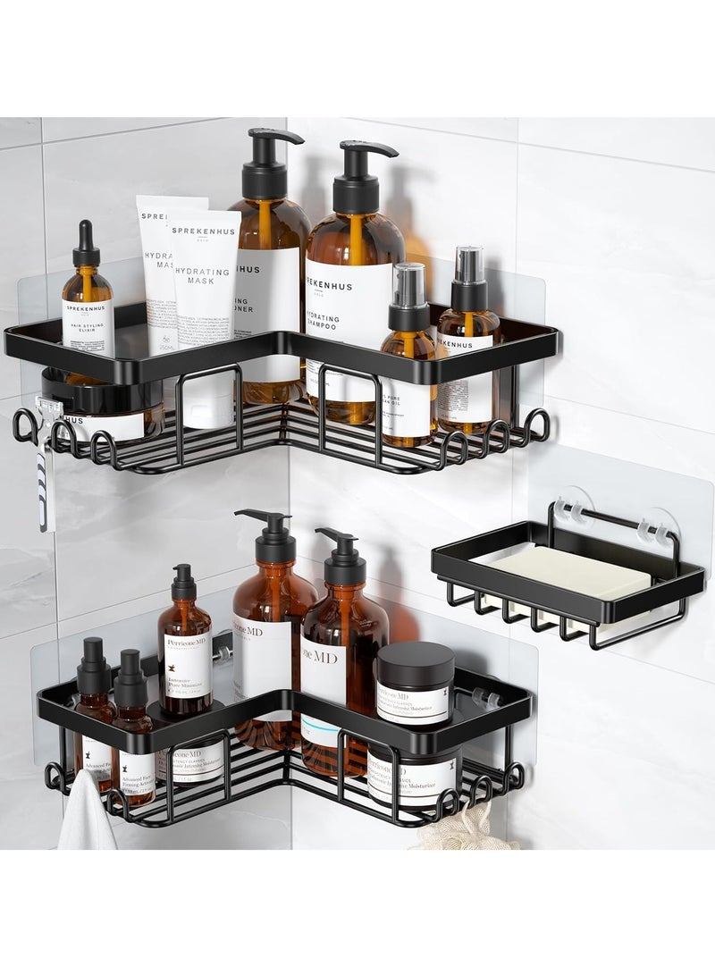 DURKU Corner Adhesive Shower Caddy with Soap Holder and 12 Hooks Rustproof Stainless Steel Bathroom Organizer No Drilling Wall Mounted Rack  Black  3-Pack - Image 1