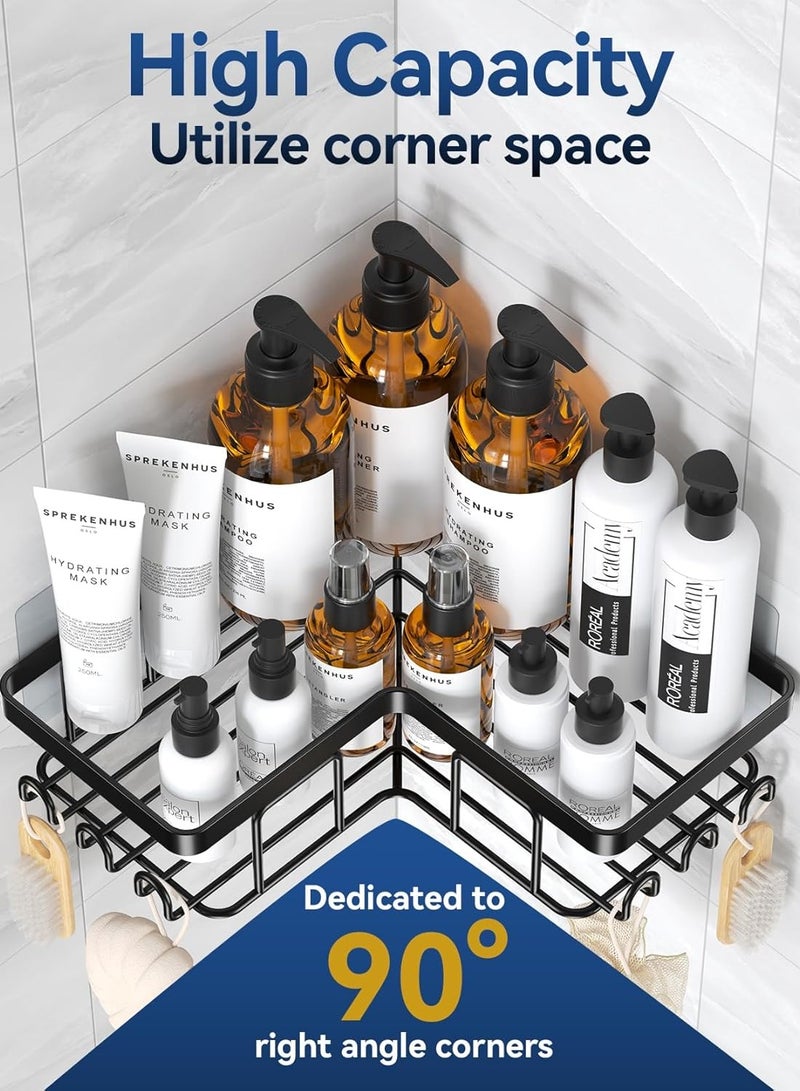 DURKU Corner Adhesive Shower Caddy with Soap Holder and 12 Hooks Rustproof Stainless Steel Bathroom Organizer No Drilling Wall Mounted Rack  Black  3-Pack - Image 2