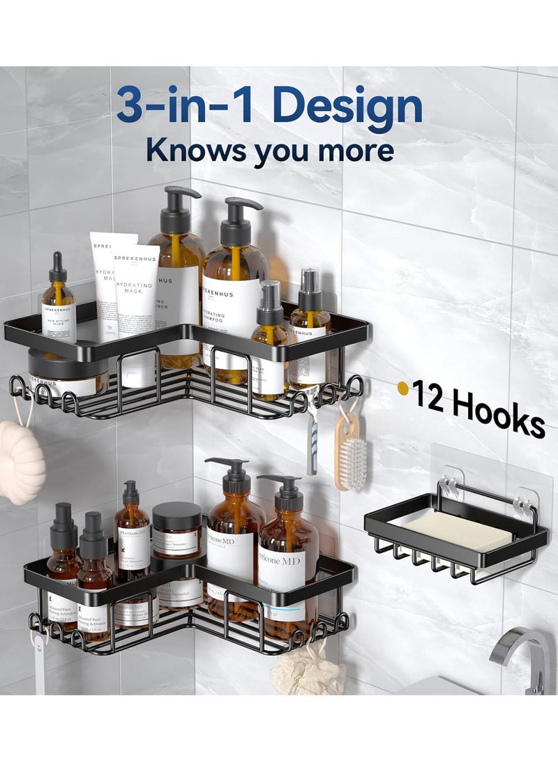 DURKU Corner Adhesive Shower Caddy with Soap Holder and 12 Hooks Rustproof Stainless Steel Bathroom Organizer No Drilling Wall Mounted Rack  Black  3-Pack - Image 3
