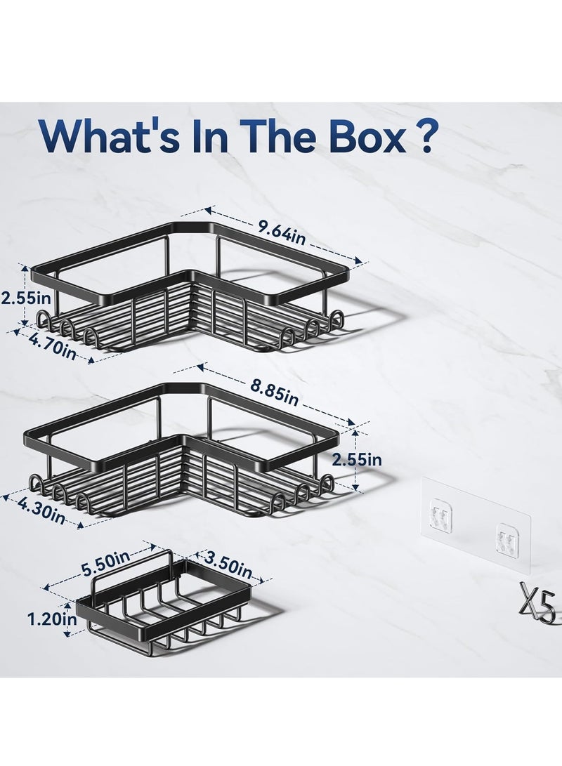 DURKU Corner Adhesive Shower Caddy with Soap Holder and 12 Hooks Rustproof Stainless Steel Bathroom Organizer No Drilling Wall Mounted Rack  Black  3-Pack - Image 4
