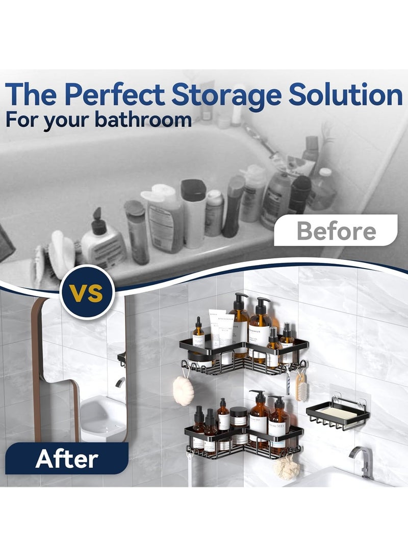 DURKU Corner Adhesive Shower Caddy with Soap Holder and 12 Hooks Rustproof Stainless Steel Bathroom Organizer No Drilling Wall Mounted Rack  Black  3-Pack - Image 5