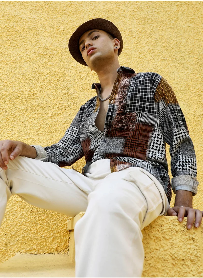 Campus Sutra Campus Sutra Men's Brown Herringbone Block Shirt For Casual Wear | Spread Collar | Long Sleeve | Button Closure | Cotton Shirt Crafted With Comfort Fit For Everyday Wear