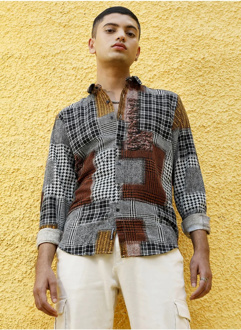 Campus Sutra Campus Sutra Men's Brown Herringbone Block Shirt For Casual Wear | Spread Collar | Long Sleeve | Button Closure | Cotton Shirt Crafted With Comfort Fit For Everyday Wear