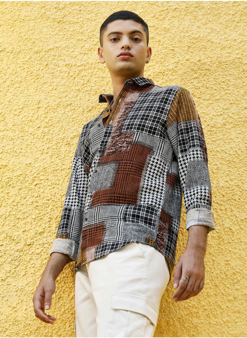 Campus Sutra Campus Sutra Men's Brown Herringbone Block Shirt For Casual Wear | Spread Collar | Long Sleeve | Button Closure | Cotton Shirt Crafted With Comfort Fit For Everyday Wear  - Image 3