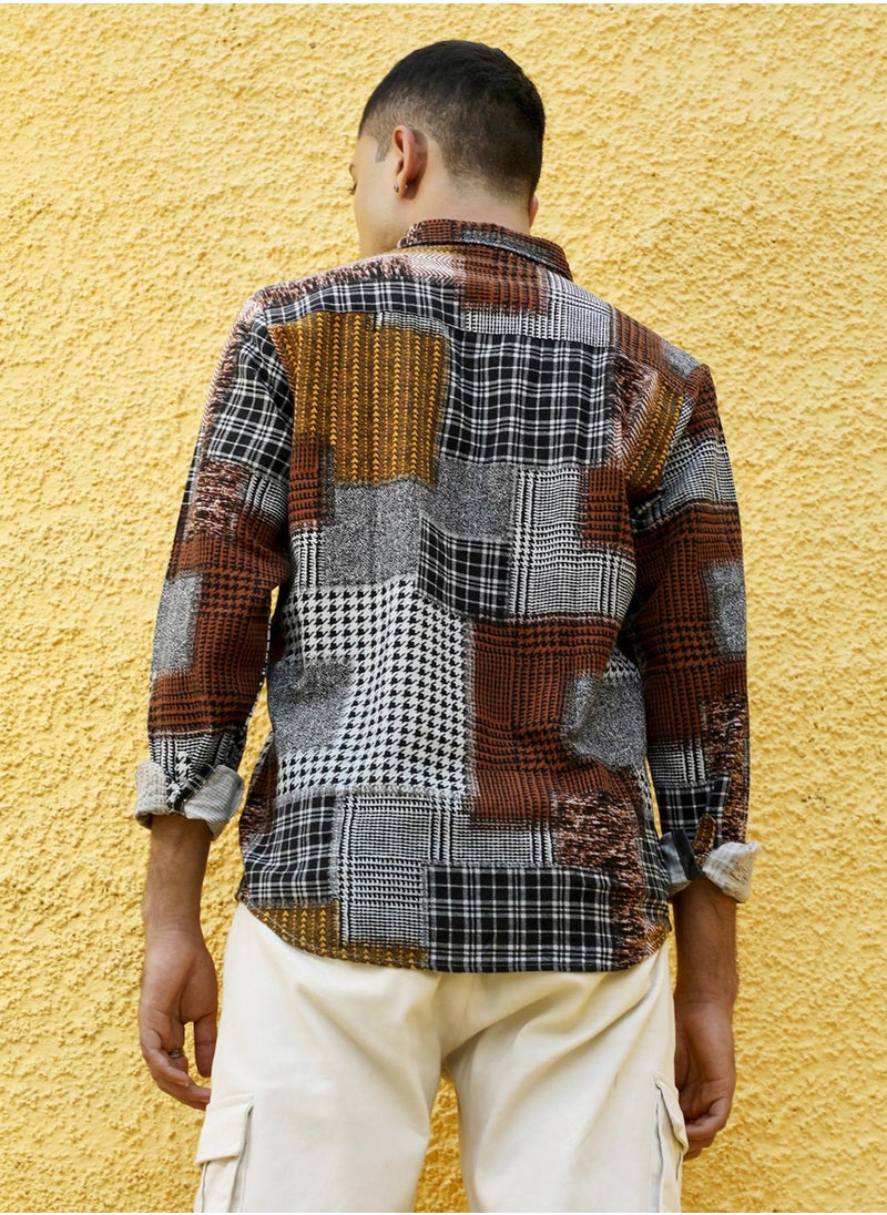 Campus Sutra Campus Sutra Men's Brown Herringbone Block Shirt For Casual Wear | Spread Collar | Long Sleeve | Button Closure | Cotton Shirt Crafted With Comfort Fit For Everyday Wear  - Image 5
