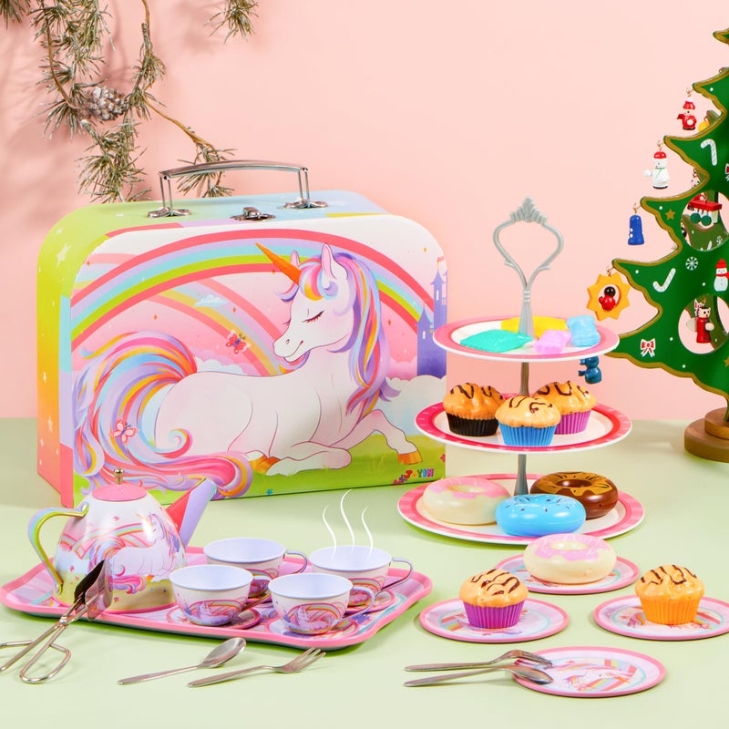 JOYIN 35Pcs Unicorn Tea Party Set for Little Girls, Pretend Tin Teapot Set, Princess Tea Time Play Kitchen Toy with Dessert, Doughnut, Carrying Case for Birthday Easter Gifts Kids Toddlers Age 3 4 5 6 - Image 2