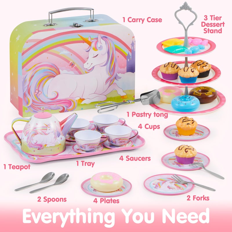 JOYIN 35Pcs Unicorn Tea Party Set for Little Girls, Pretend Tin Teapot Set, Princess Tea Time Play Kitchen Toy with Dessert, Doughnut, Carrying Case for Birthday Easter Gifts Kids Toddlers Age 3 4 5 6 - Image 3