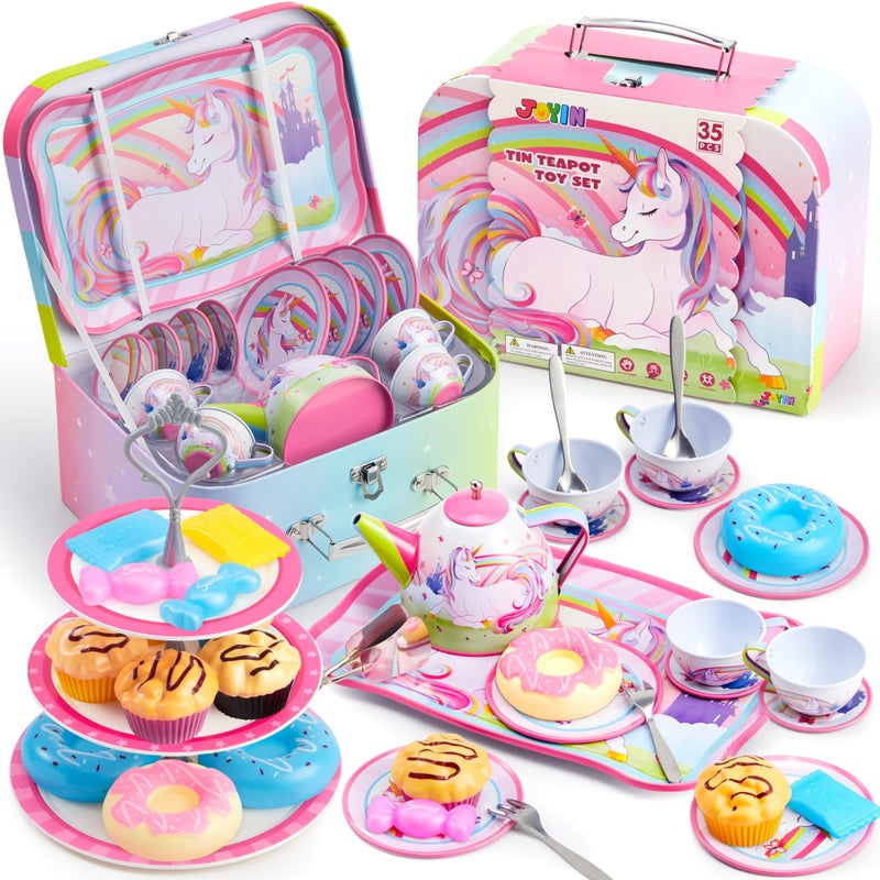 JOYIN 35Pcs Unicorn Tea Party Set for Little Girls, Pretend Tin Teapot Set, Princess Tea Time Play Kitchen Toy with Dessert, Doughnut, Carrying Case for Birthday Easter Gifts Kids Toddlers Age 3 4 5 6 - Image 1