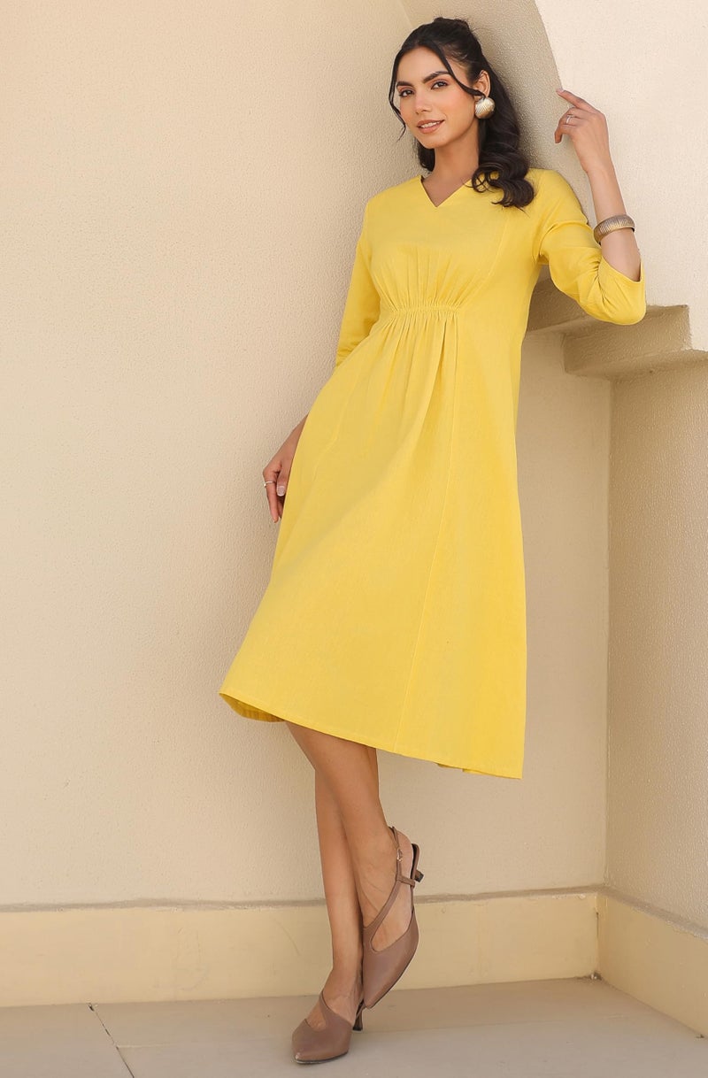 Janasya Women's Yellow Linen Cotton Solid A-line Dress - Image 5