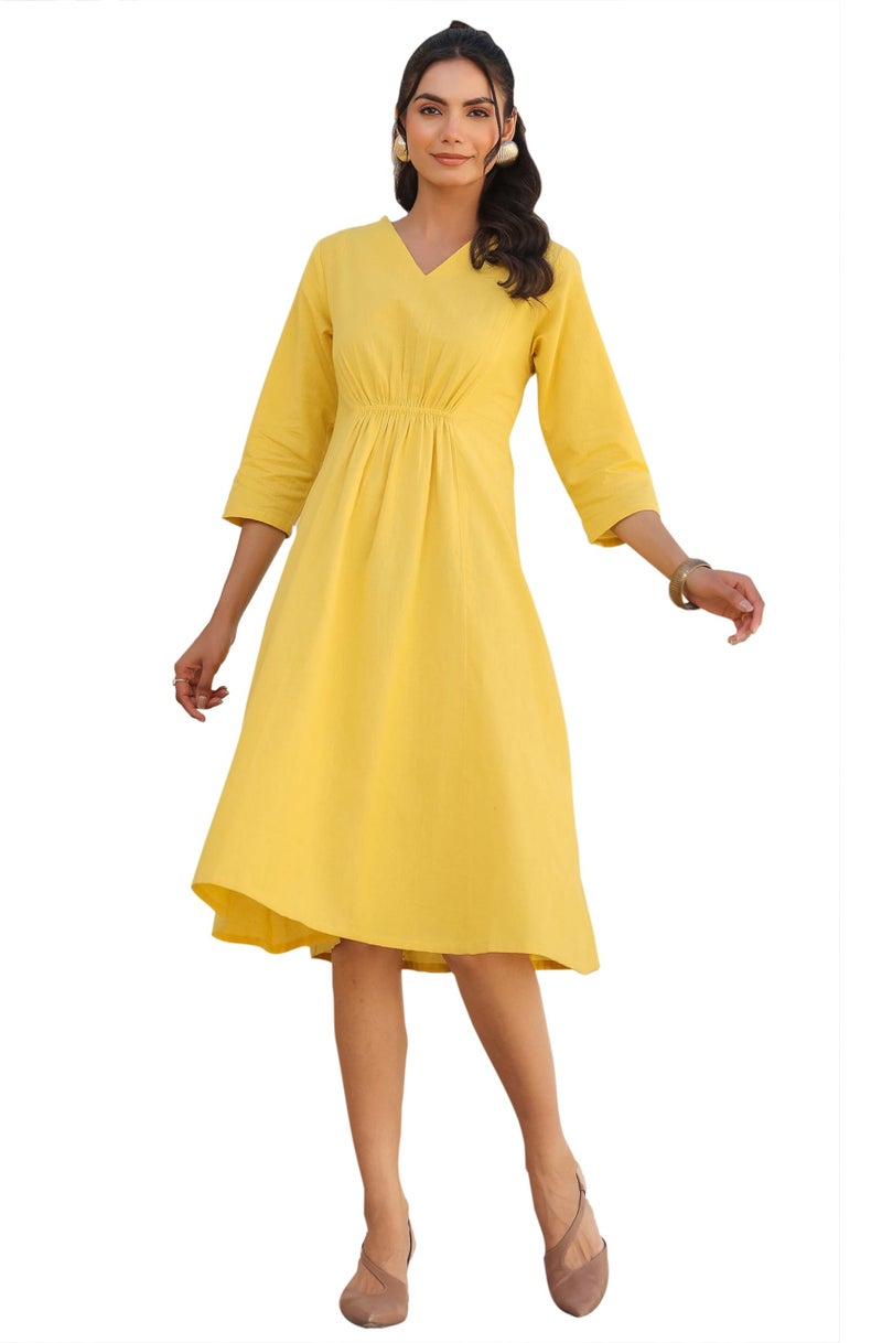 Janasya Women's Yellow Linen Cotton Solid A-line Dress - Image 1