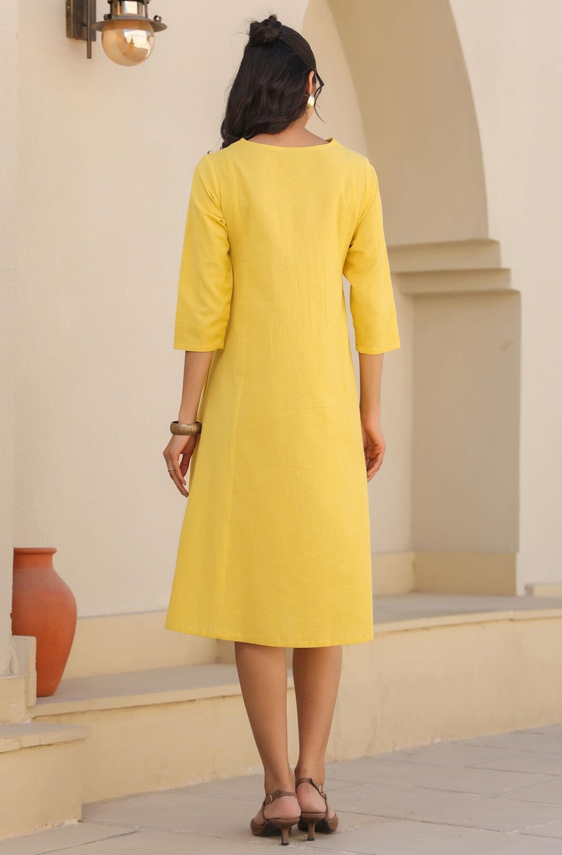 Janasya Women's Yellow Linen Cotton Solid A-line Dress - Image 4