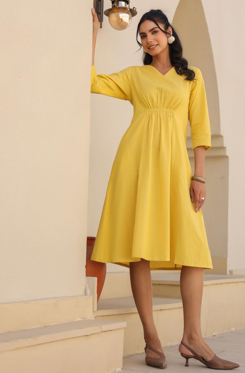 Janasya Women's Yellow Linen Cotton Solid A-line Dress - Image 3