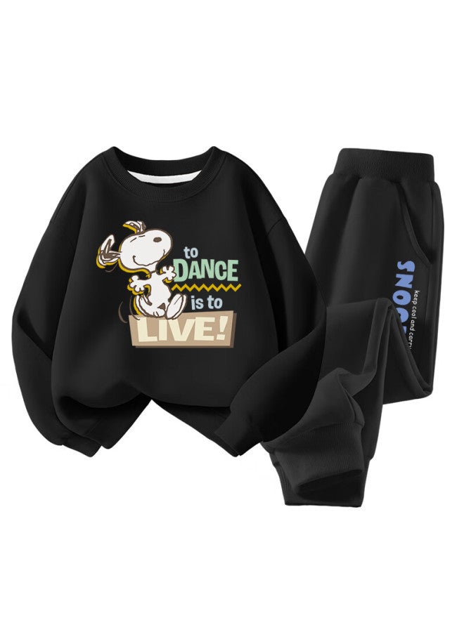 Snoopy Kids Clothing Children's Set Boys And Girls Sweatshirt And Sweatpants 2-piece Spring Outfit Black Dancing + Black Crown Size 160