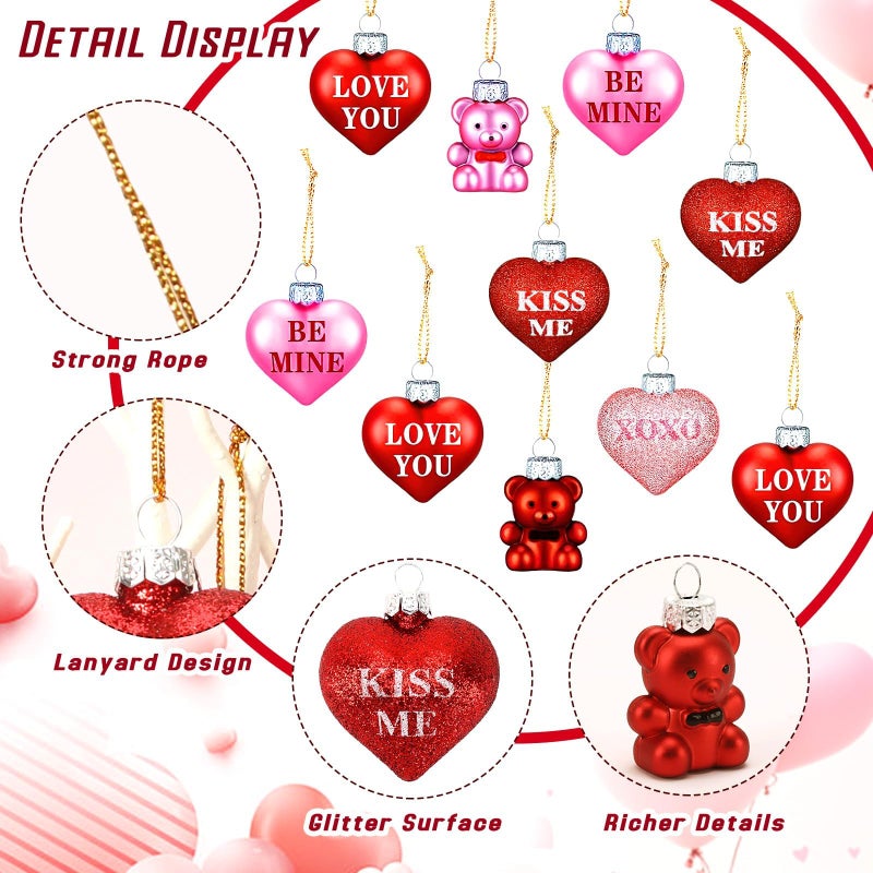 BOARDFEB 24Pcs Valentine's Day Heart Bear Ornaments, Valentines Tree Hanging Ornaments Decorations Red Pink Romantic Decorative for Valentine's Day Christmas Wedding Home - Image 2