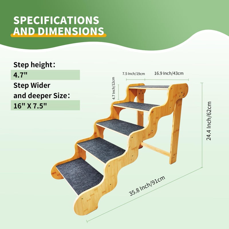 GXONE Dog Steps for Bed,24 Inches 5 Step Dog Stairs for Senior Pets to Get On 30 Inches High Beds/Car,Made of Bamboo Can Support Large Dogs Weighing Up to 160 LB - Image 3