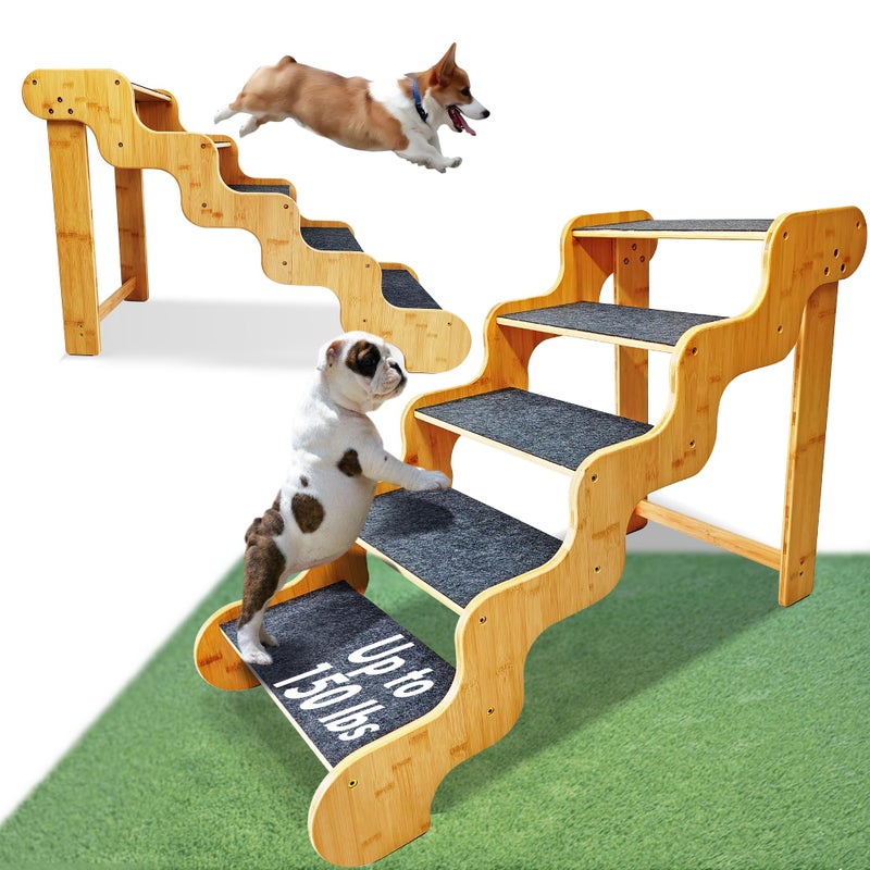 GXONE Dog Steps for Bed,24 Inches 5 Step Dog Stairs for Senior Pets to Get On 30 Inches High Beds/Car,Made of Bamboo Can Support Large Dogs Weighing Up to 160 LB - Image 1