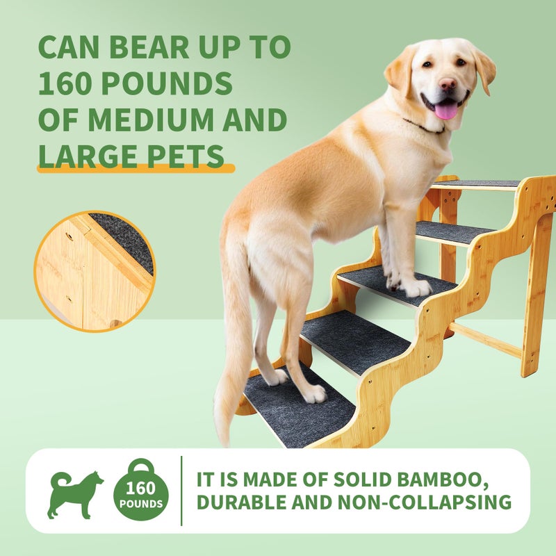 GXONE Dog Steps for Bed,24 Inches 5 Step Dog Stairs for Senior Pets to Get On 30 Inches High Beds/Car,Made of Bamboo Can Support Large Dogs Weighing Up to 160 LB - Image 2