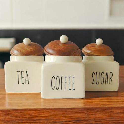 ClayStone Ceramic Tea Coffee Sugar Containers Set - 3 Piece Kitchen Storage containers with Airtight Lids (Pack of 3 - Tea, Suger and Container Set) White - Image 2
