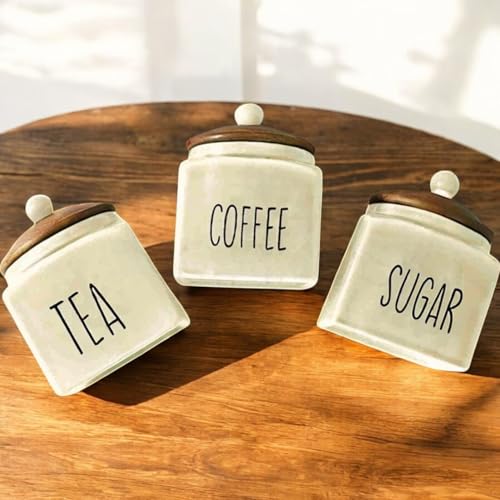 ClayStone Ceramic Tea Coffee Sugar Containers Set - 3 Piece Kitchen Storage containers with Airtight Lids (Pack of 3 - Tea, Suger and Container Set) White - Image 1