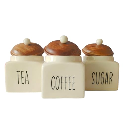 ClayStone Ceramic Tea Coffee Sugar Containers Set - 3 Piece Kitchen Storage containers with Airtight Lids (Pack of 3 - Tea, Suger and Container Set) White - Image 3