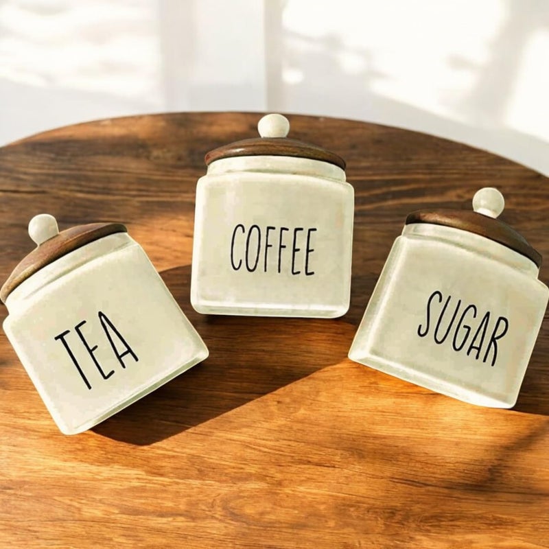 ClayStone Ceramic Tea Coffee Sugar Containers Set - 3 Piece Kitchen Storage containers with Airtight Lids (Pack of 3 - Tea, Suger and Container Set) White - Image 5