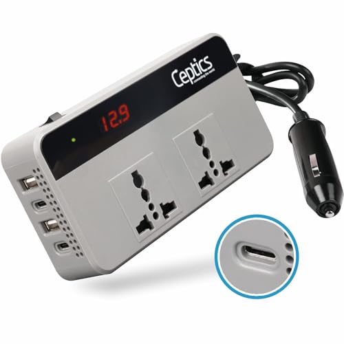 Ceptics 200W Car Laptop Charger/Power Inverter with 2 USB(3.1A Max) + 1 C Type(1 * 18W PD) Smart USB Charging Ports, 12V DC to 220V AC, 2X Universal AC Outlet, Grey, 18 Months Warranty - Image 1