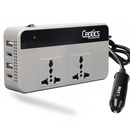 Ceptics 200W Car Laptop Charger/Power Inverter with 2 USB(3.1A Max) + 1 C Type(1 * 18W PD) Smart USB Charging Ports, 12V DC to 220V AC, 2X Universal AC Outlet, Grey, 18 Months Warranty - Image 4