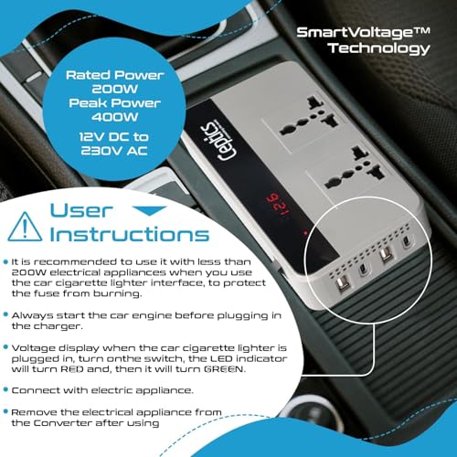Ceptics 200W Car Laptop Charger/Power Inverter with 2 USB(3.1A Max) + 1 C Type(1 * 18W PD) Smart USB Charging Ports, 12V DC to 220V AC, 2X Universal AC Outlet, Grey, 18 Months Warranty - Image 3