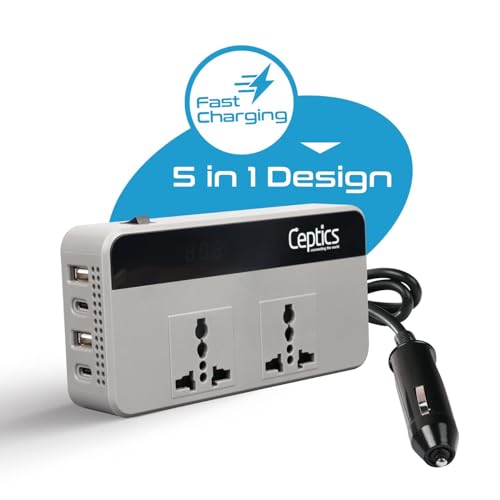 Ceptics 200W Car Laptop Charger/Power Inverter with 2 USB(3.1A Max) + 1 C Type(1 * 18W PD) Smart USB Charging Ports, 12V DC to 220V AC, 2X Universal AC Outlet, Grey, 18 Months Warranty - Image 5