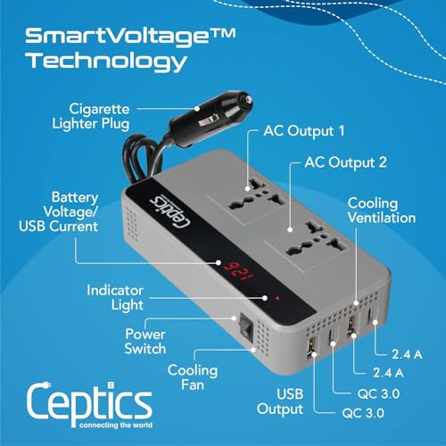 Ceptics 200W Car Laptop Charger/Power Inverter with 2 USB(3.1A Max) + 1 C Type(1 * 18W PD) Smart USB Charging Ports, 12V DC to 220V AC, 2X Universal AC Outlet, Grey, 18 Months Warranty - Image 2
