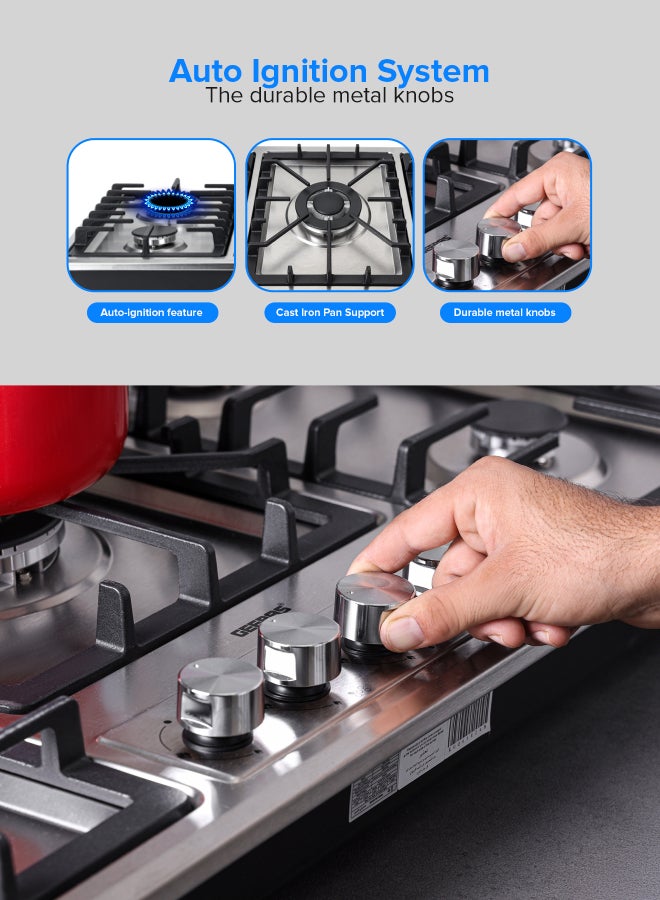 GEEPAS 5-In-1 Built In Gas Hob-| Five Burner Gas Stove with Separate Ignition, Low Gas Consumption and Improved Gas Flow for Efficient Heating| Auto Ignition System GGC31043 Silver/Black - Image 4