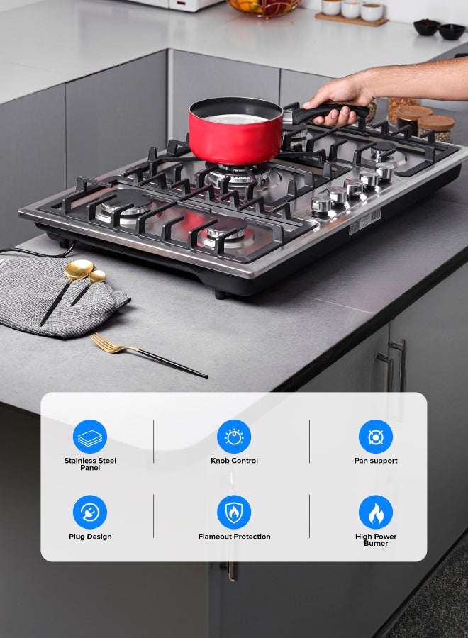 GEEPAS 5-In-1 Built In Gas Hob-| Five Burner Gas Stove with Separate Ignition, Low Gas Consumption and Improved Gas Flow for Efficient Heating| Auto Ignition System GGC31043 Silver/Black - Image 2