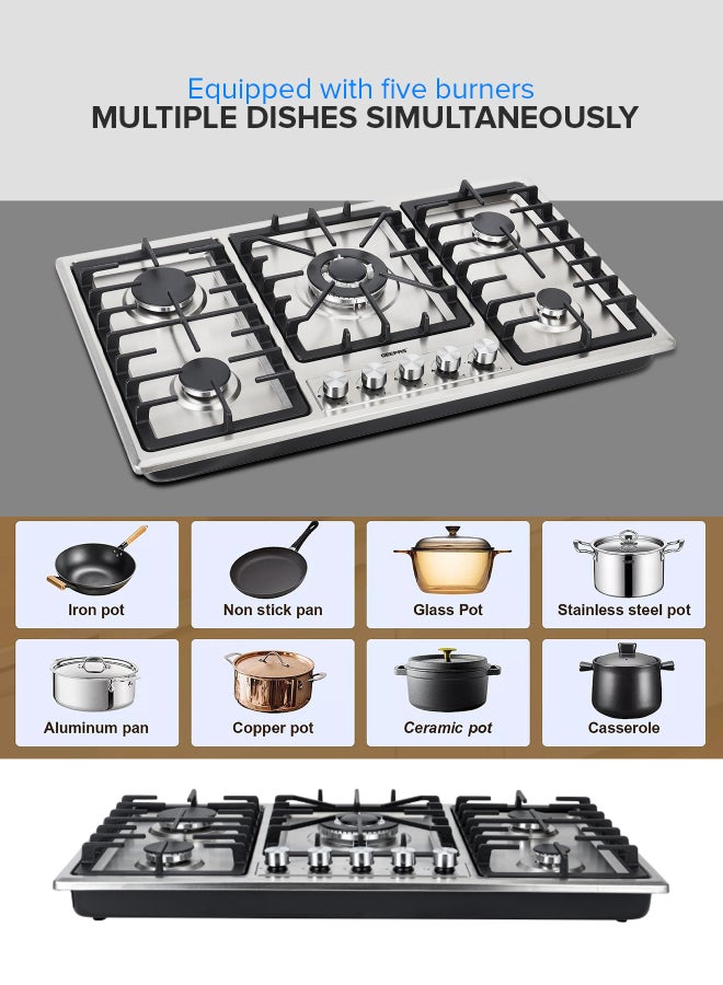 GEEPAS 5-In-1 Built In Gas Hob-| Five Burner Gas Stove with Separate Ignition, Low Gas Consumption and Improved Gas Flow for Efficient Heating| Auto Ignition System GGC31043 Silver/Black - Image 3
